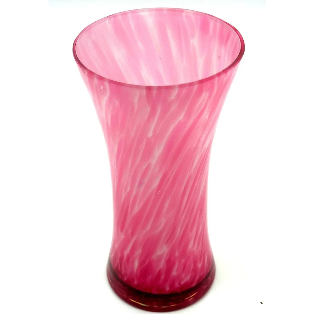 Pink White Swirl Glass Trumpet Vase 8in Fuchsia Hand Blown Flared Floral Decor